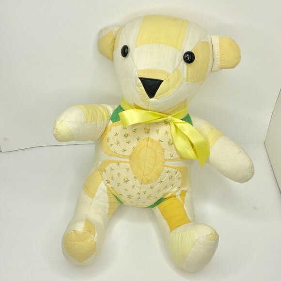 Vintage Handmade Quilted Patchwork 16" Teddy Bear  Yellow Scrapper Cutter Craft - Picture 1 of 12
